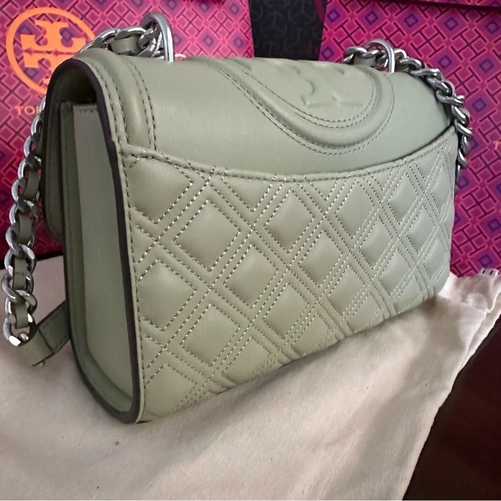 Tory Burch Olive Green Quilted Leather Shoulder Bag with Chain Strap